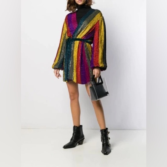 NWT RETROFETE GABRIELLE SEQUIN ROBE DRESS MULTI STRIPE SIZE SMALL - Picture 3 of 16